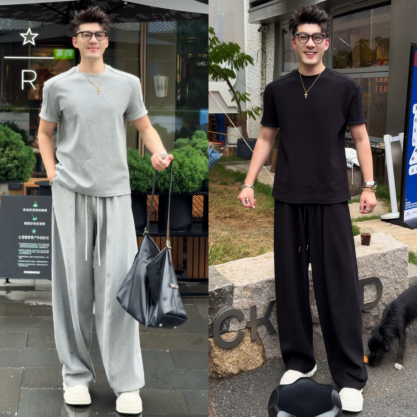 松弛宽松长裤个性休闲时尚套装老钱高级感正肩圆领短恤夏季新品