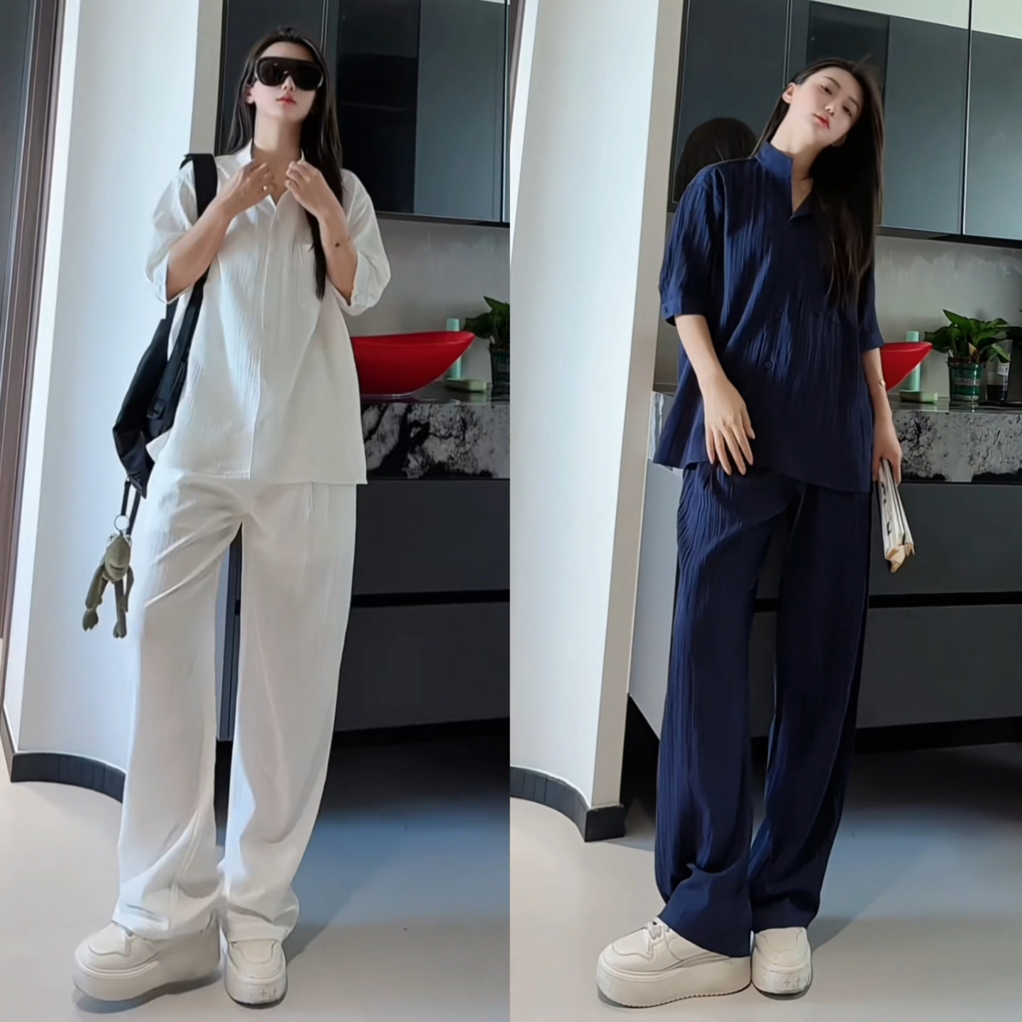 V领质感暗条纹衬衫时尚套装简约松弛老钱风垂感休闲百搭长裤夏季