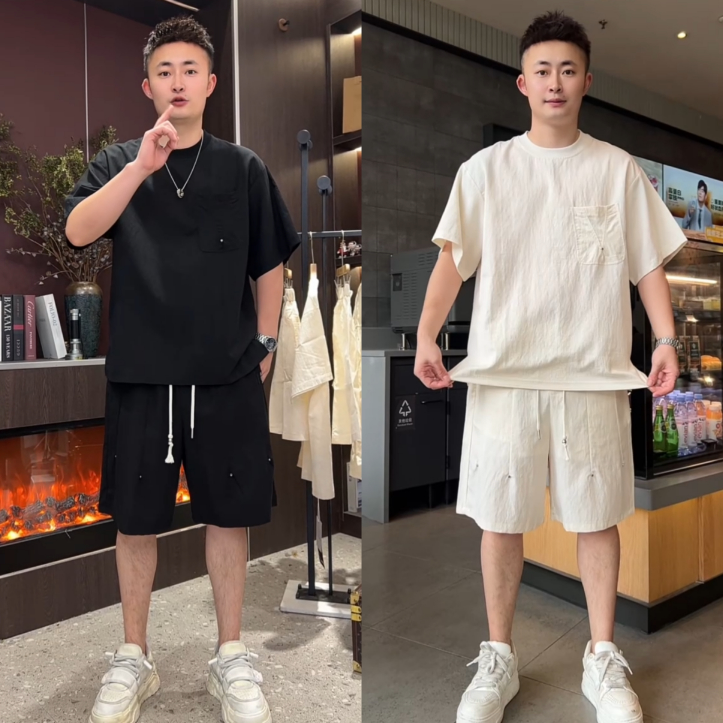 透气轻薄两件套男个性痞帅纯色简约高级套装夏季新品潮流洋气百搭
