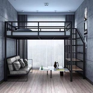 铁艺北欧高架复式上层二层多功能阁楼空间小户型高低成人床上厂家