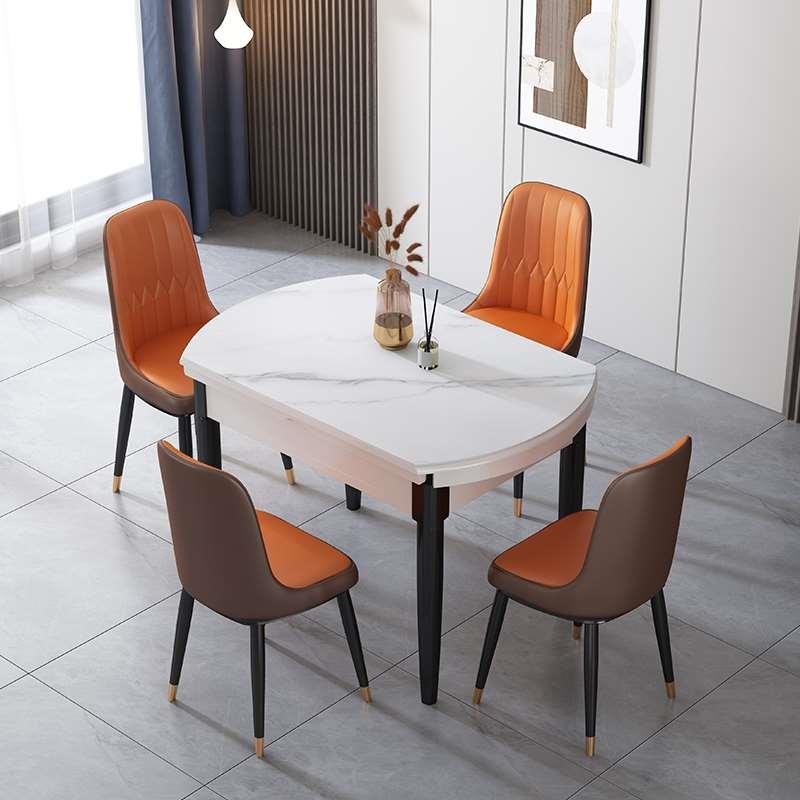 岩板餐桌小户型家用可伸缩折叠实木现代简约圆形桌子餐桌椅组合