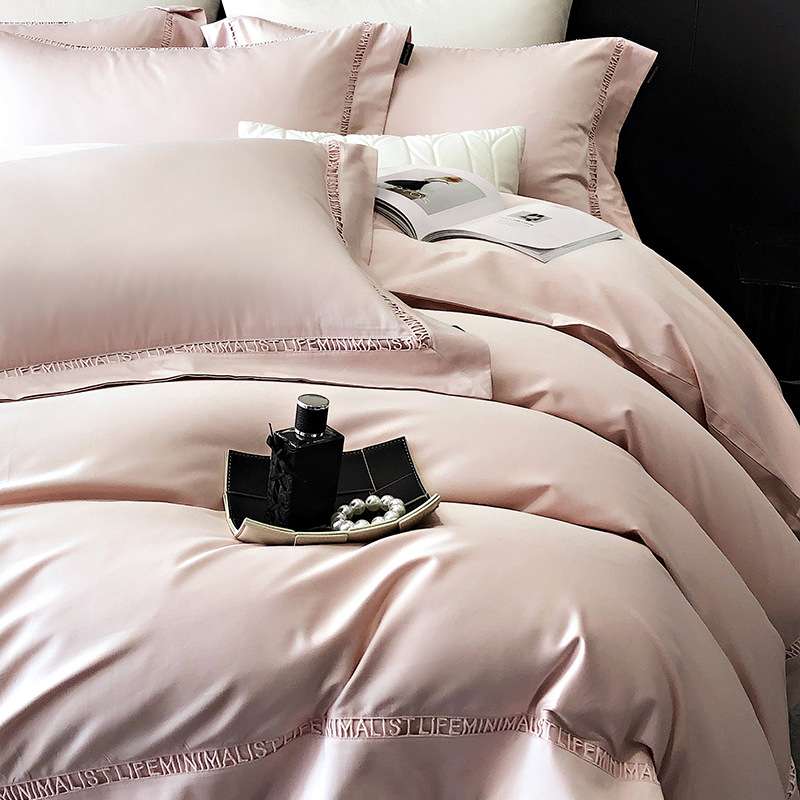 简约风100支长绒棉四件套全棉纯棉镂空纯色被套床单床笠床上用品