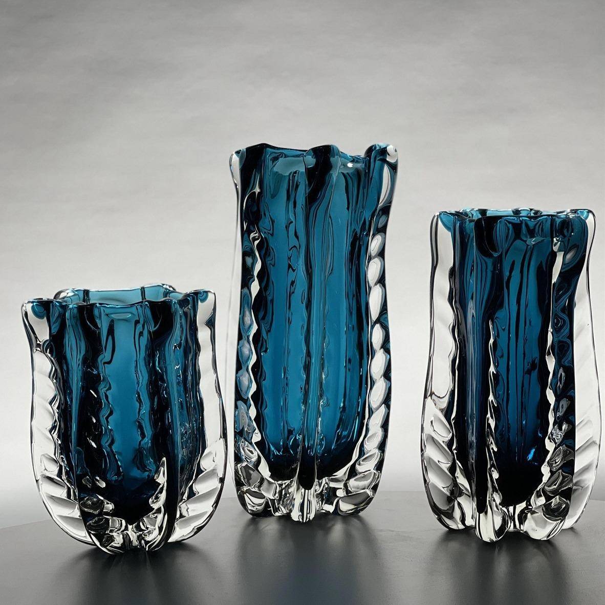 厚重轻奢波浪纹蓝色琉璃花瓶水培绿植玻璃插花容器家居高品质摆件