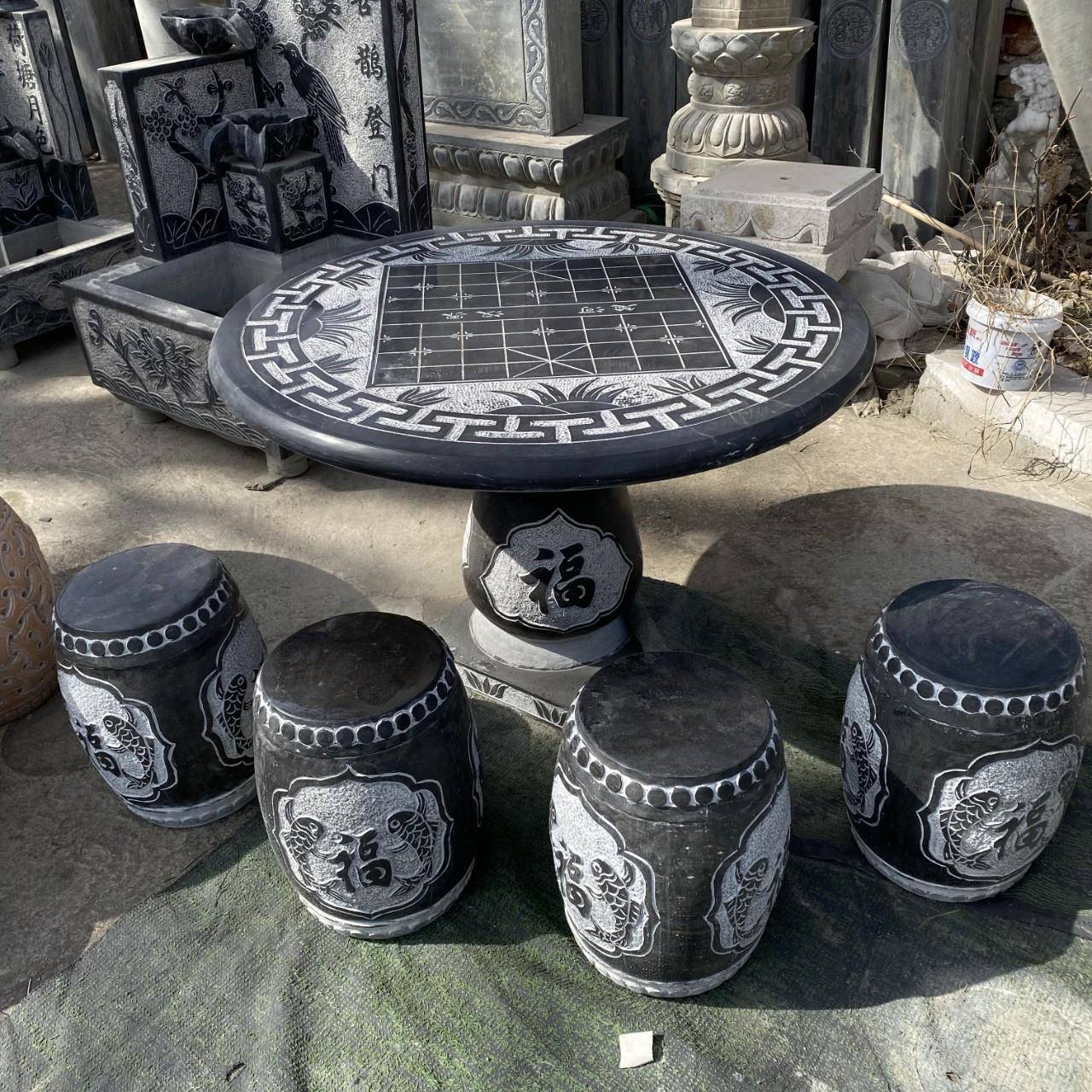 石雕象棋棋盘桌子一桌四凳庭院大理石休闲喝茶青石圆桌现货