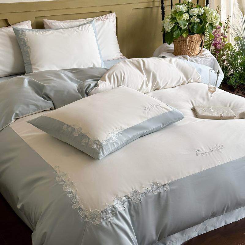 100支长绒棉贡缎蓝玫瑰刺绣四件套1.5m1.8米全棉纯棉民宿床单被套