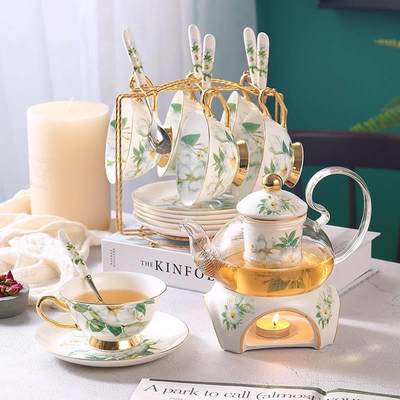 欧式下午茶具陶瓷英式花茶杯套装 煮水果玻璃茶壶 蜡烛加热花茶具
