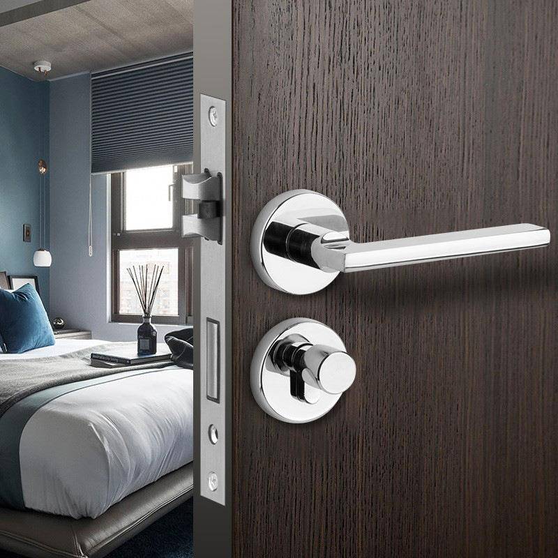 亮银色锌合金木门锁室内静音磁吸门锁卧室门把手家用房门分体锁