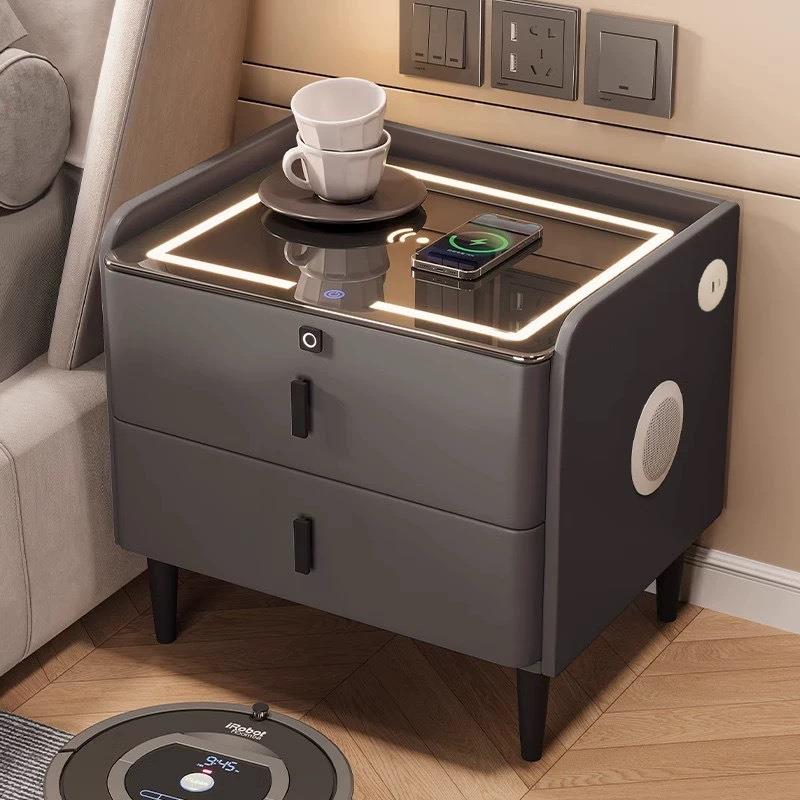 智能床头柜简约网红现代多功能带灯无线感应充电卧室轻奢床边柜
