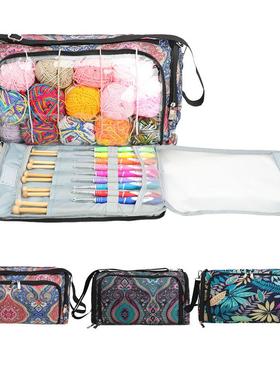 新款蓝色图腾斜跨毛线收纳包大容量外出多功能编织工具收纳袋