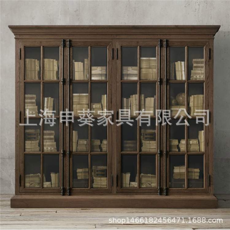 美式乡村玻璃门实木书柜书橱天地锁橡木大型餐边柜仿古复古展示柜