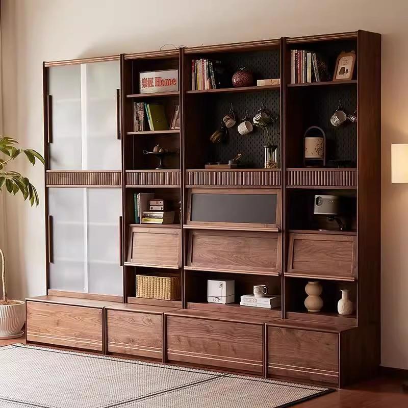 北美黑胡桃木实木组合书柜一体满墙防尘展示柜卡座客厅储物柜书架
