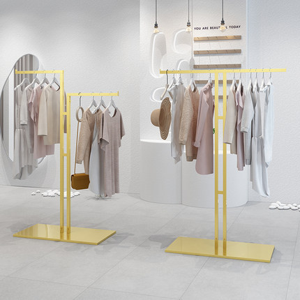 服装店商场展示架落地式金色中岛流水台女装挂衣杆专用衣服架子