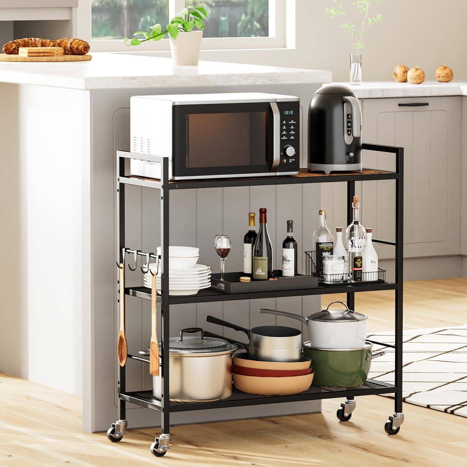 金属储物架厨房客厅卧室多功能置物网状搁架带木质桌面带挂钩