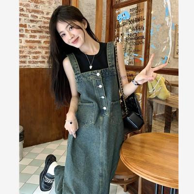 牛仔背带连衣裙女法式设计感小众高级感宽松复古盐系单排扣裙子