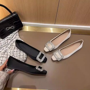 2026新款超软小羊皮不累脚绸缎黑色rv方扣浅口单鞋女巨好看配裙子