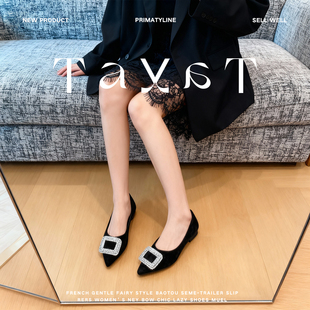 2025春秋季新款尖头气质名媛平底丝绒单鞋真皮水钻方扣软底瓢鞋女