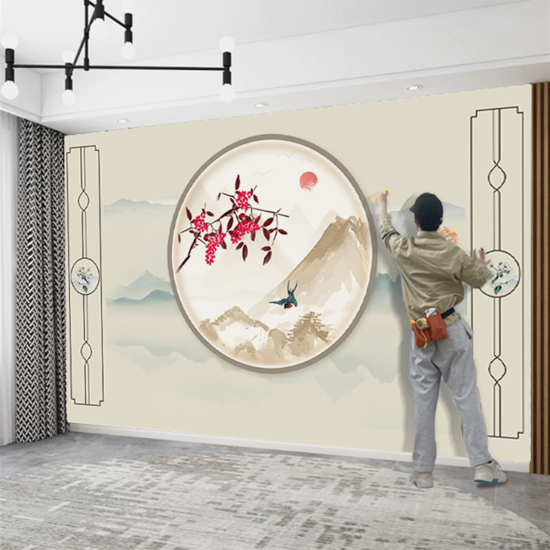 新中式水墨山水电视背景墙壁纸客厅沙发影视墙布圆形装饰定制壁画图片