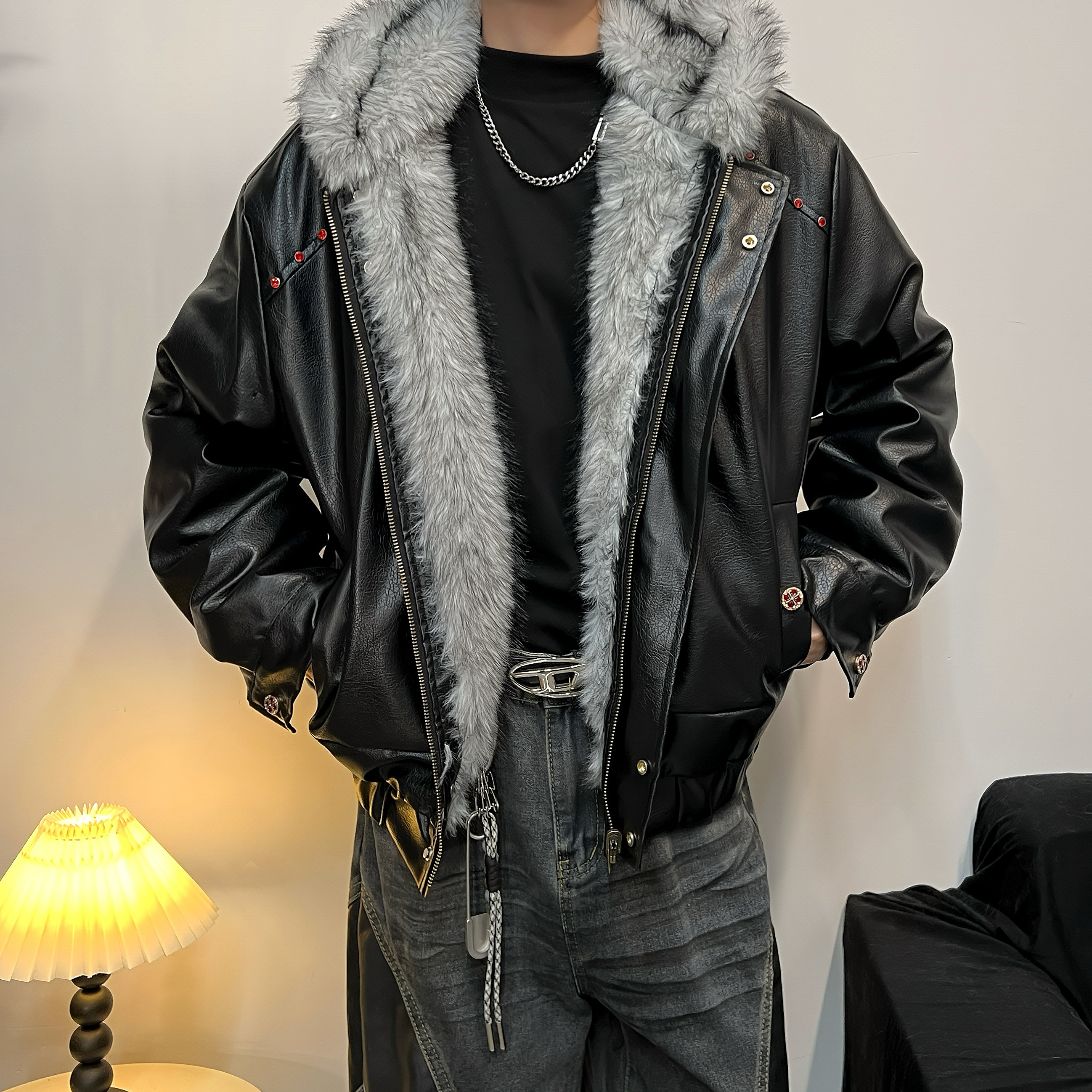 美式黑色连帽座山雕皮衣外套棉服男冬季加绒加厚痞帅毛领棉衣夹克