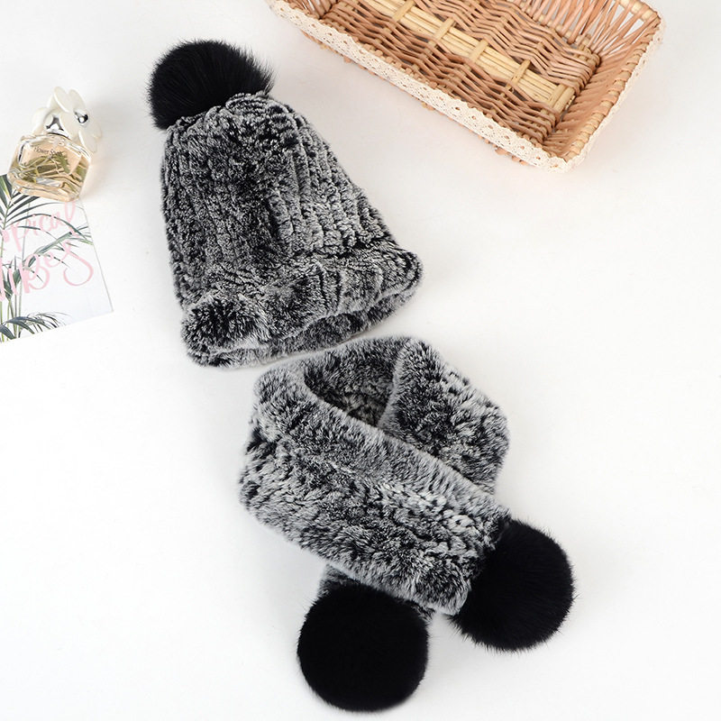 新款冬季儿童獭兔毛帽子围巾套装男童女童加厚狐狸毛球球婴儿套装