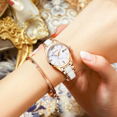 一件列奥尼达手表女士大理石陶瓷钢带防水日历爆款石英表女表