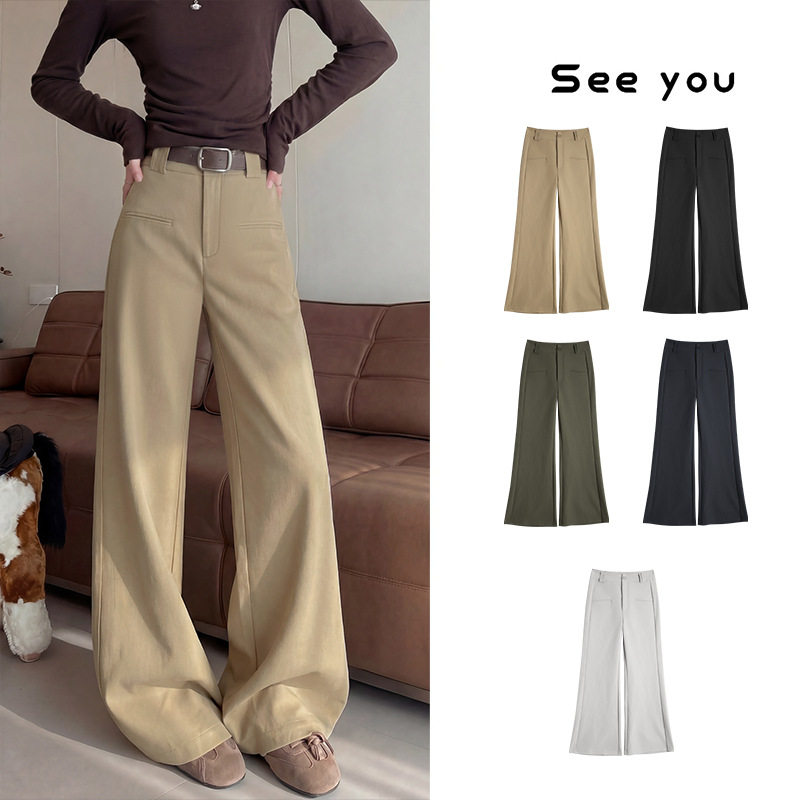 卡其色西装裤女春季2026新款窄版直筒老钱风裤子小个子休闲阔腿裤