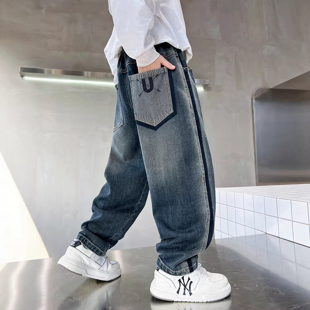 男童春季裤子2026新款初中生春款男孩儿童宽松直筒牛仔裤春秋装潮