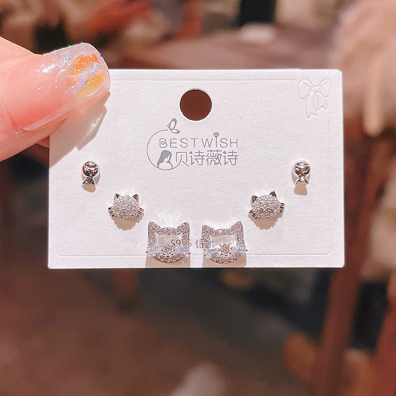 新品银针猫咪小鱼个性锆石耳钉 女韩版个性时尚气质三对装耳饰品
