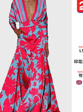 2025夏外贸新款女装wish亚马逊 3D数码印花V领长袖连衣裙气质长裙