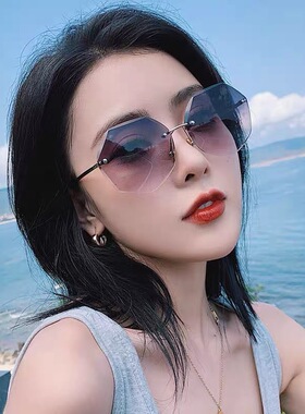 欧美新款无框切边墨镜女韩版潮圆脸复古sunglasses个性潮流太阳镜