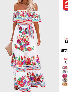 2025年欧美春夏季独立站亚马逊新款一字肩红花印花长款大摆连衣裙