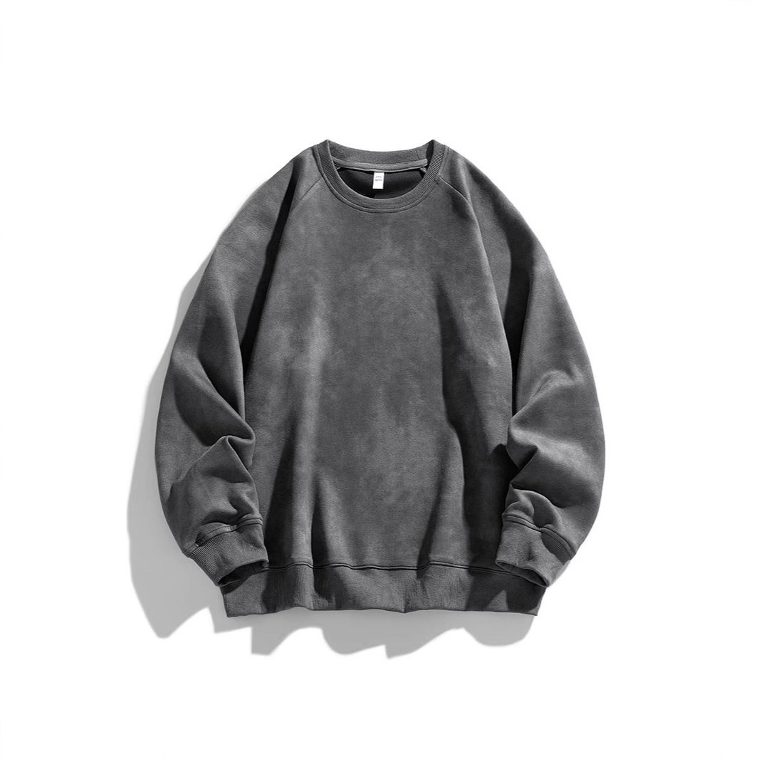 麂皮绒插肩卫衣男圆领春季新款宽松休闲套头衫纯色打底衫外套男装