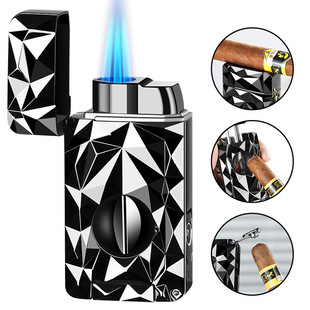 新款钻石充气式直冲防风雪茄打火机多功能V型剪打孔器一体式火机