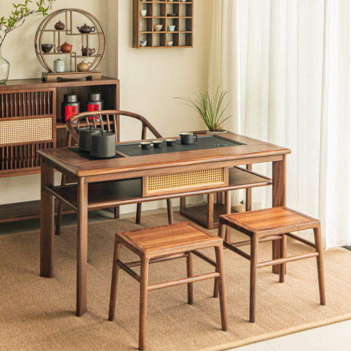 单里实木泡茶桌阳台新中式现代原木日式侘寂风藤编茶桌组合乌金木