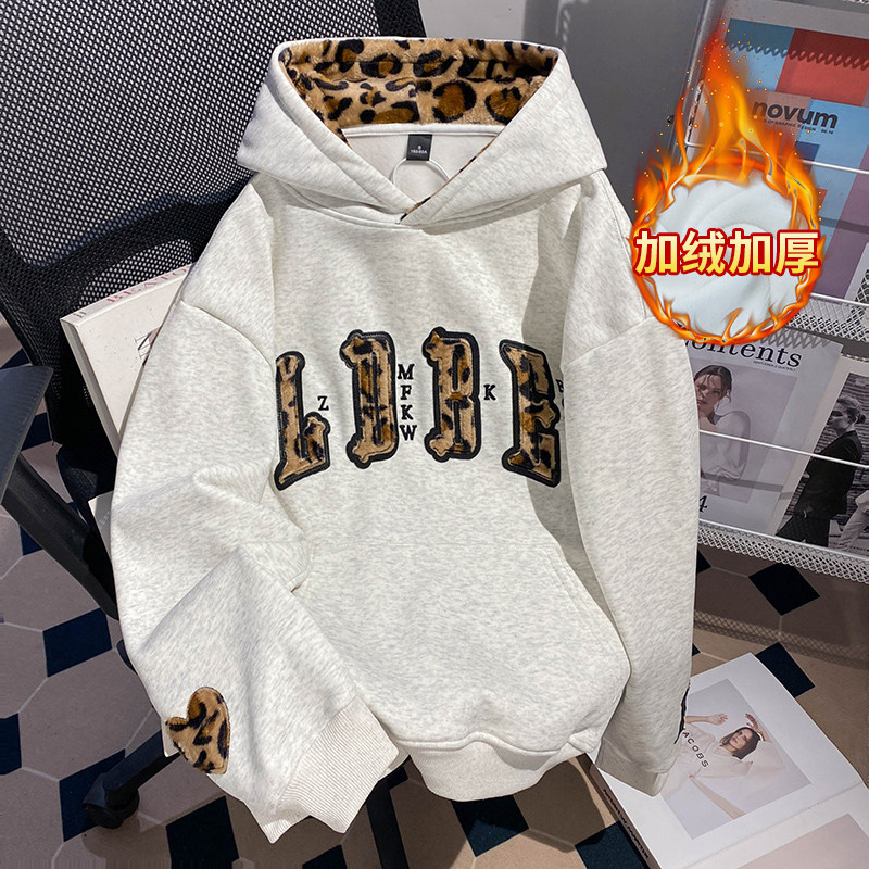 女装加绒卫衣男秋冬新款豹纹刺绣花宽松连帽保暖韩版上衣