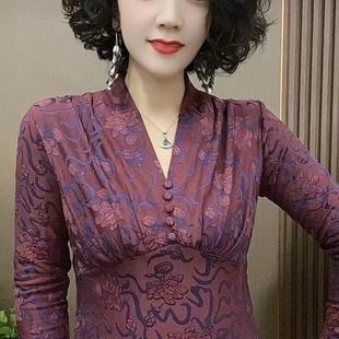 修身 性感女人味秋冬薄绒设计感褶皱洋气提花上衣V领百搭打底衫 女