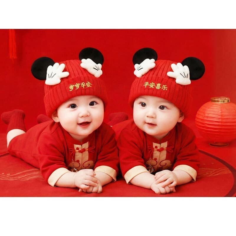 红色新年喜庆宝宝米奇针织帽婴幼儿保暖毛线套头帽卡通风