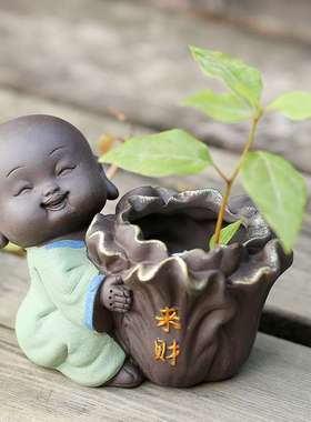 可养水培插花精品可爱紫砂小和尚茶宠摆件创意茶具装饰迷你花器瓶