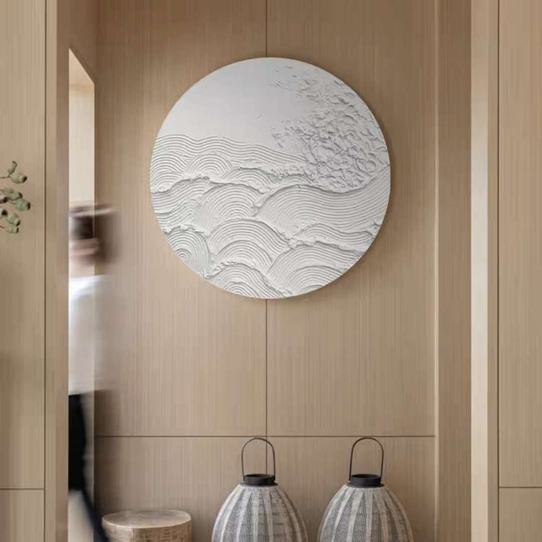 简约现代侘寂风装饰画日式圆形砂岩肌理画手绘油画玄关挂画样板间图片