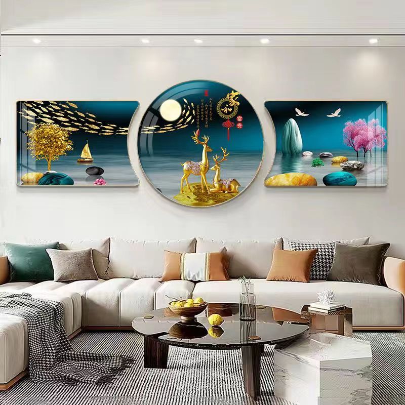 新中式轻奢客厅装饰画沙发背景墙挂画晶瓷镶钻壁画现代圆形三联画图片