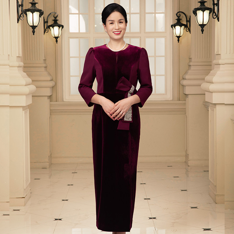 喜妈妈喜婆婆婚宴礼服修身气质酒红色连衣裙蝴蝶结优雅中长裙