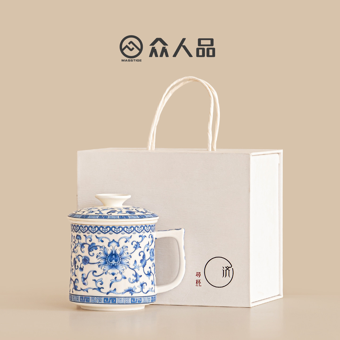 众人品陶瓷泡茶杯青花男士水杯带盖大容量家用高档白瓷茶水分离杯