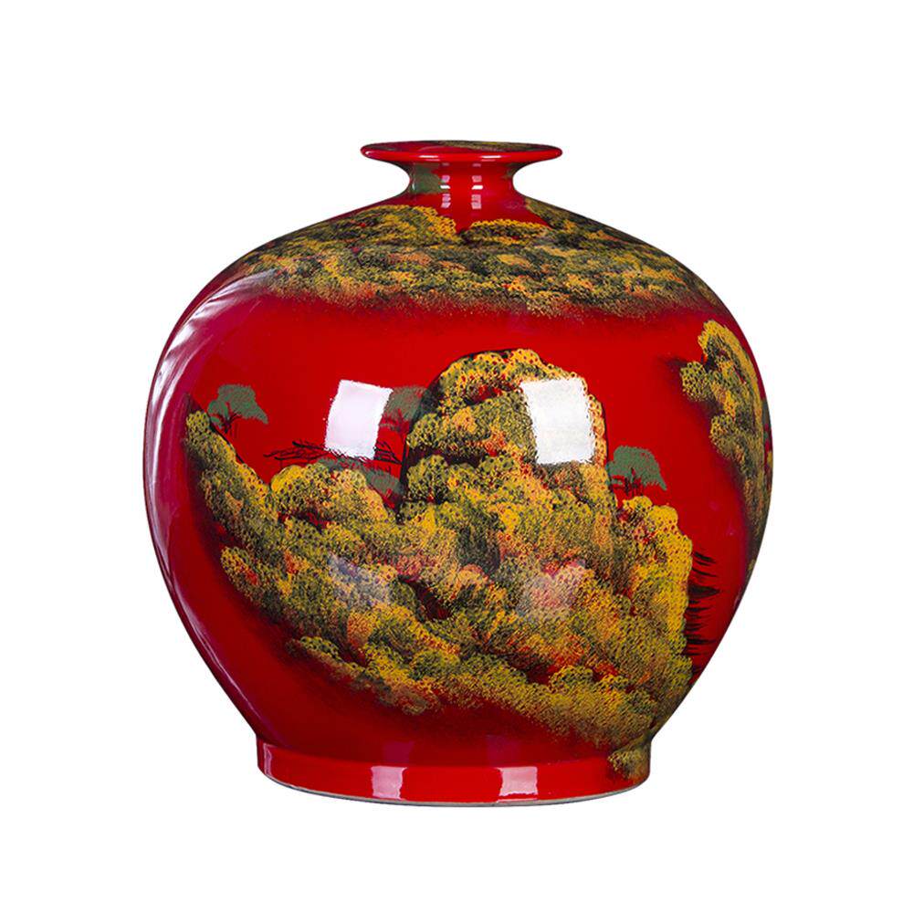 景镇陶瓷器中国红花手瓶绘石hyoulf榴瓶摆大号客厅办公室装饰品红