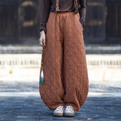 棉麻绗缝夹棉收脚灯笼裤