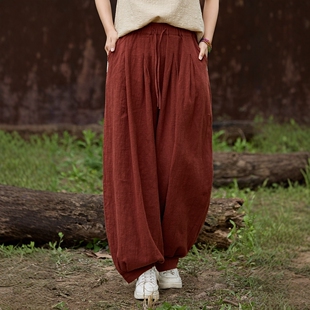 苎麻砂洗灯笼裤女2026春夏文艺复古阔腿长裤宽松垂感松紧腰太极裤