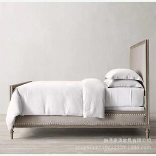 外贸法式乡村复古布艺双人床RH原单美式软包实木雕花床英式古典