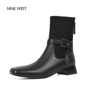 West Nine 玖熙英伦风方头针织弹力瘦瘦靴粗跟真皮短靴 清仓款