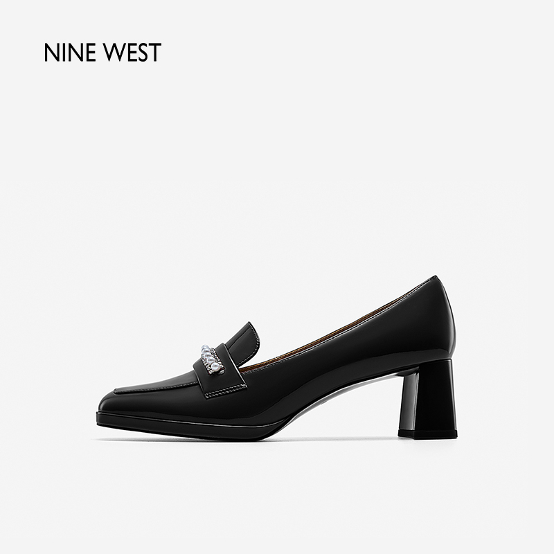 【断码清仓】Nine West/玖熙复古学院风珍珠钻链皮鞋清仓方头单鞋