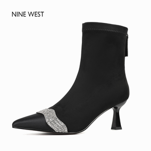 清仓款 靴短靴女鞋 Nine 玖熙尖头水钻弹力瘦瘦靴时装 冬 West