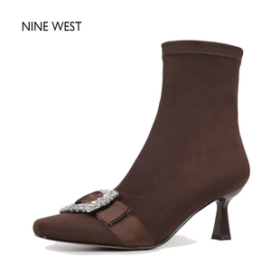 West Nine 玖熙方头细跟弹力瘦瘦靴真皮靴子短靴配裙子 清仓款