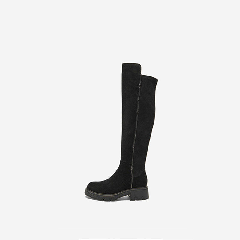 Nine West/玖熙冬时装靴圆头绒里长筒靴舒适方跟女鞋黑色百搭通勤